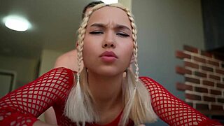 Hot blonde in red lingerie moans as muscular stud fucks her tight pussy hard