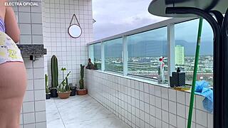 voyeur watches latina neighbor clean in tiny shorts ass tease