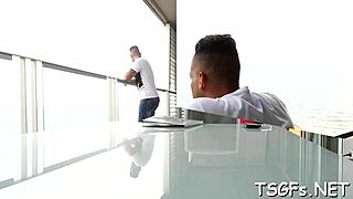 transsexual rhythmically bounces atop partner's erection in close view