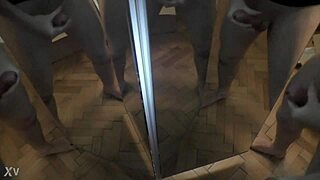 One Man Strokes Six Cocks for Massive Mirror Cumshot