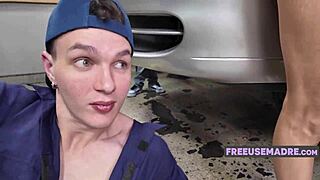 Man, this wife grabs that mechanic's cock with her tight pussy and rides him hard while hubby watches!
