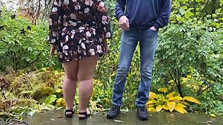 This chubby mature couple gets wet flashing saggy tits and peeing outdoors together in fetish fun.