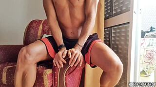 sexy guy pounds fleshlight by window and explodes cum!