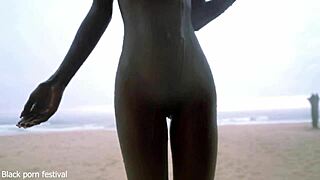 Skinny Ebony Girl Dances Naked in Rain Flaunting Small Waist and Perfect Slim Body!