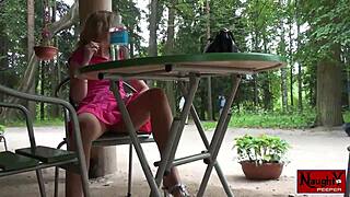 Hot babe upskirt flashes panties and nylons for voyeur peek