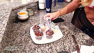 Step mom Kymber Leigh licks frosting and cock! Family frenzy!