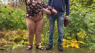 This chubby mature couple gets wet flashing saggy tits and peeing outdoors together in fetish fun.