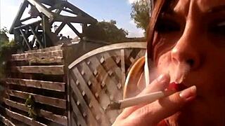 sexy bbw tina snua smokes cork cigarette with deep inhales double pumps and nose exhales