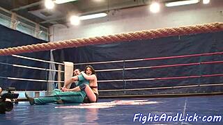 Busty babe fingers cute teen pussy after wrestling match 😏💦