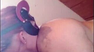 Watch housewife couple's bisexual friend lick small tits in close-up toy play.