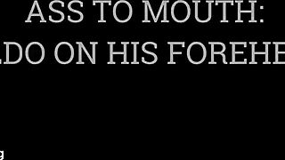 femdom goddess shoves ass-to-mouth dildo on slave's forehead during rimjob and humiliation play