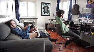 Nerd guy unlocks couch threesome chat with Italian dialog fun