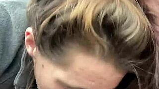 Street hooker deepthroats customer cock bareback in car then swallows all cum after public blowjob