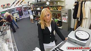 Spy cam catches hot blonde milf sucking and getting pounded hard by pawn shop keeper
