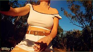 daring milf flashes huge tits nude on public biker ride outdoors