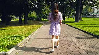 I control her flashing upskirt in office pantyhose, naked lingerie walk outdoors