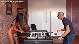 Hot brunette pays soccer bet with rough group fucking and cumshots