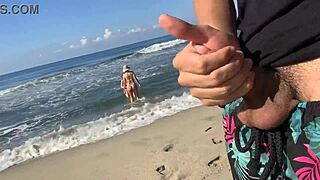 flashing my cock on public beach, two wet pussy latinas with big asses spot it and reward me with mff double fun!
