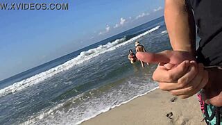 flashing my cock on public beach, two wet pussy latinas with big asses spot it and reward me with mff double fun!