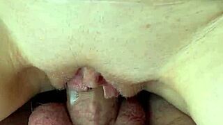 skinny amateur tight pussy creampied riding muscular huge cock closeup