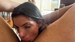 horny brunette slurps my monster cock till she gulps every jizz drop