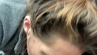 Street hooker deepthroats customer cock bareback in car then swallows all cum after public blowjob