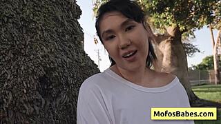 Sexy Asian teen Tomie Tang flashes natural big boobs outdoors—Charles Dera, wanna squeeze?!