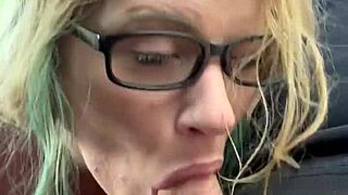 Pretty hooker in glasses deepthroats then gulps every cum drop from stranger