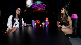 Horny Brazilian nerd shows tits pussy in sheer red halloween lingerie then sucks cock