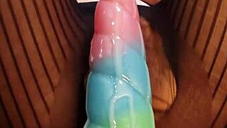 bad dragon monster cock stretches tattooed babe's wet hairy pussy close up