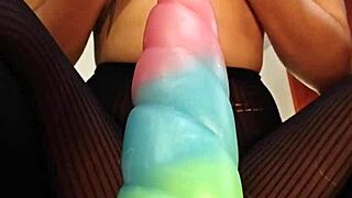 bad dragon monster cock stretches tattooed babe's wet hairy pussy close up