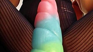 bad dragon monster cock stretches tattooed babe's wet hairy pussy close up