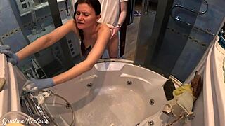 she's scrubbing the tub moaning while i doggy her from behind