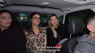 Lucky Uber driver ass-fucks three hot latinas paying with tight holes close-up