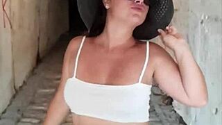 Hot stepmom teases on street then gives public blowjob