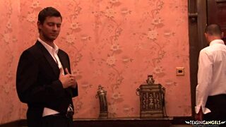 threesome bliss with blonde babe riding cocks on sofa