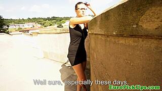 Neighbor babe with glasses flashes her brunette teen body outdoors in real public pov