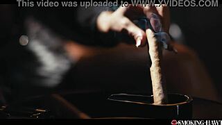 horny milf strokes huge tits while blowing and puffing cigar