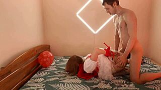 hey girl in red costume takes amateur deepthroat then hard anal pounding