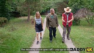 Stepdaddy meets girlfriend outdoors and pounds her shaved pussy hard at the ranch