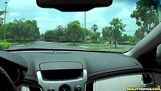 Skinny workout teen gives street boss huge cock blowjob in wild reality threesome