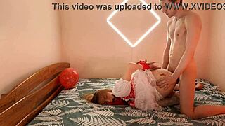 hey girl in red costume takes amateur deepthroat then hard anal pounding