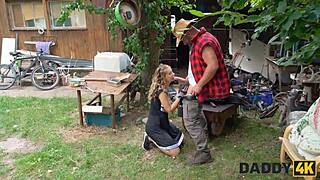 Stepdaddy meets girlfriend outdoors and pounds her shaved pussy hard at the ranch