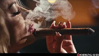 horny milf strokes huge tits while blowing and puffing cigar