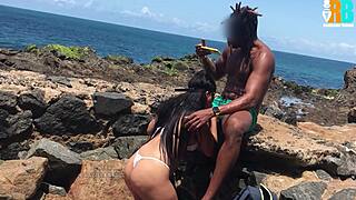 brazilian wife screams on beach bull's cock while cuckold watches video call