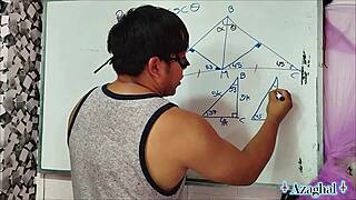 asian nerd student teacher explores trigonometry in bedroom with brown eyes focus