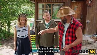 Stepdaddy meets girlfriend outdoors and pounds her shaved pussy hard at the ranch