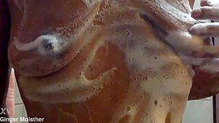 ginger gets her soapy wet nipples and tits up close with belly tease