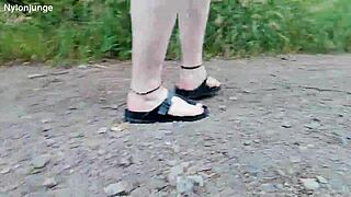 chubby german barefoot in birkenstocks walks public outdoor showing fetish feet n toes