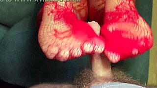 Intense Desire Builds as BBW MILF Delivers Footjob in Red Lace Stockings and Black Panties Overwhelming Passion